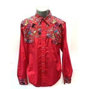 Vintage Malco Modes Mens Western with Border Print long sleeve Shirt, USA Cowboy